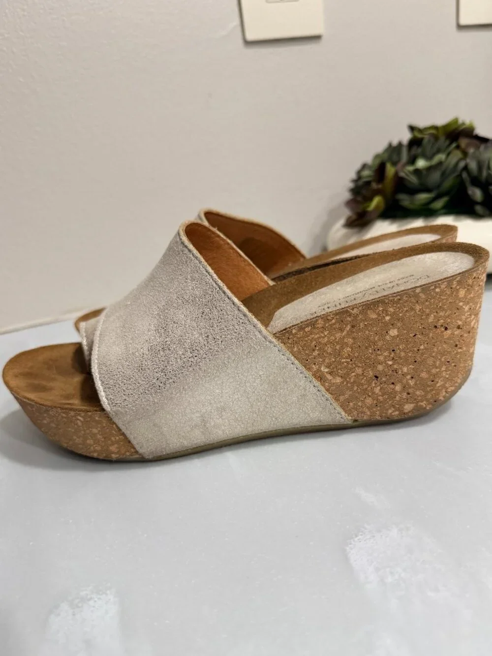 Metallic Wedge Slip on Sandal w/ asymmetrical toe loop stacked wedge heel 7.5